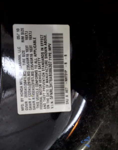 2010 Honda Odyssey Exl z USA, uszkodzony, nr VIN 5FNRL3H78AB086307